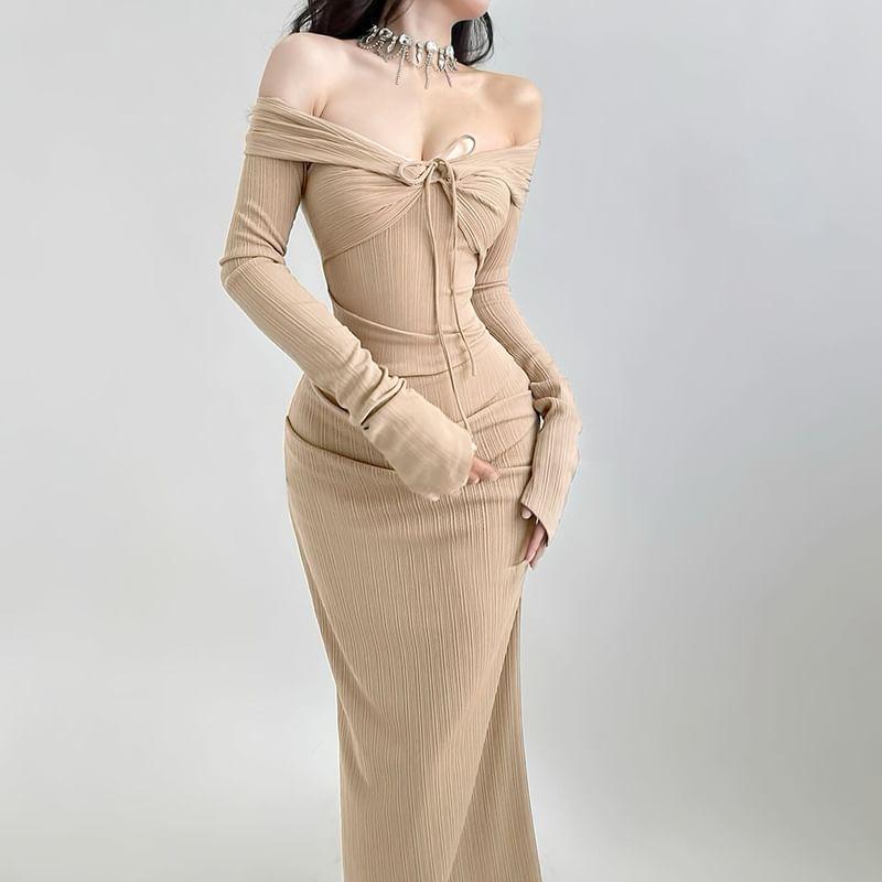 Long-Sleeve Off Shoulder Plain Maxi Sheath Dress product image