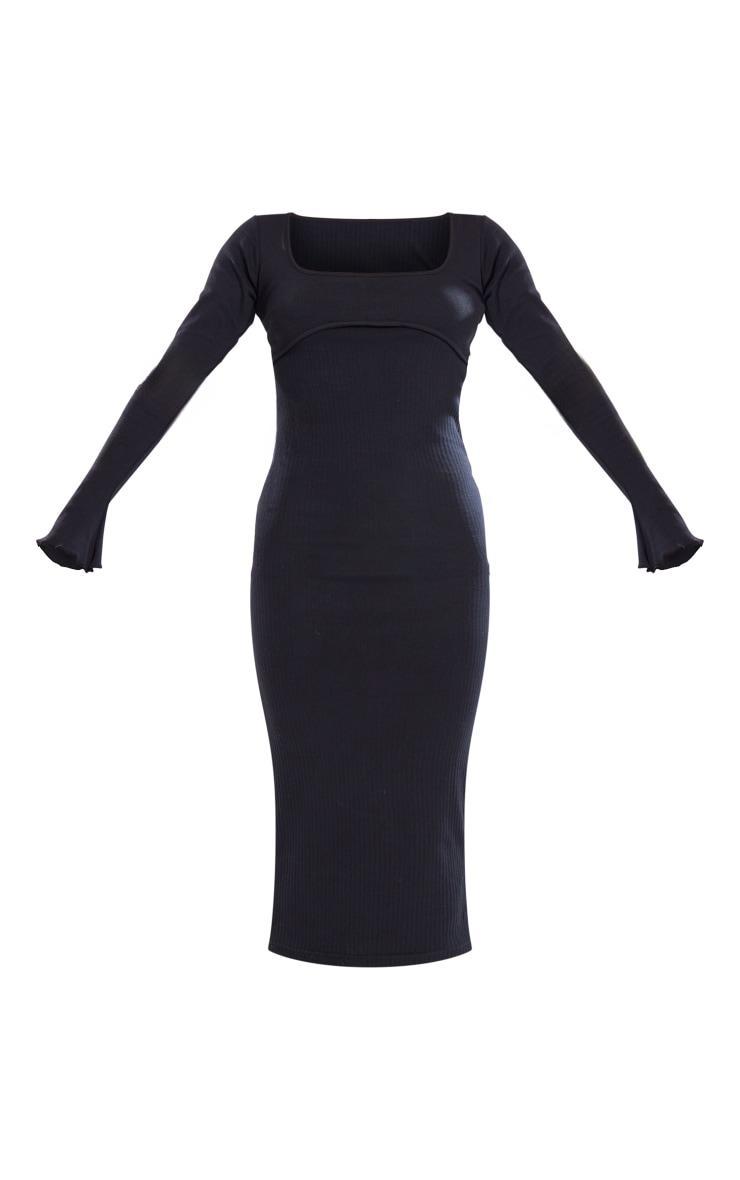 Black Ribbed Seam Detail Long Sleeve Midi Dress Product Image