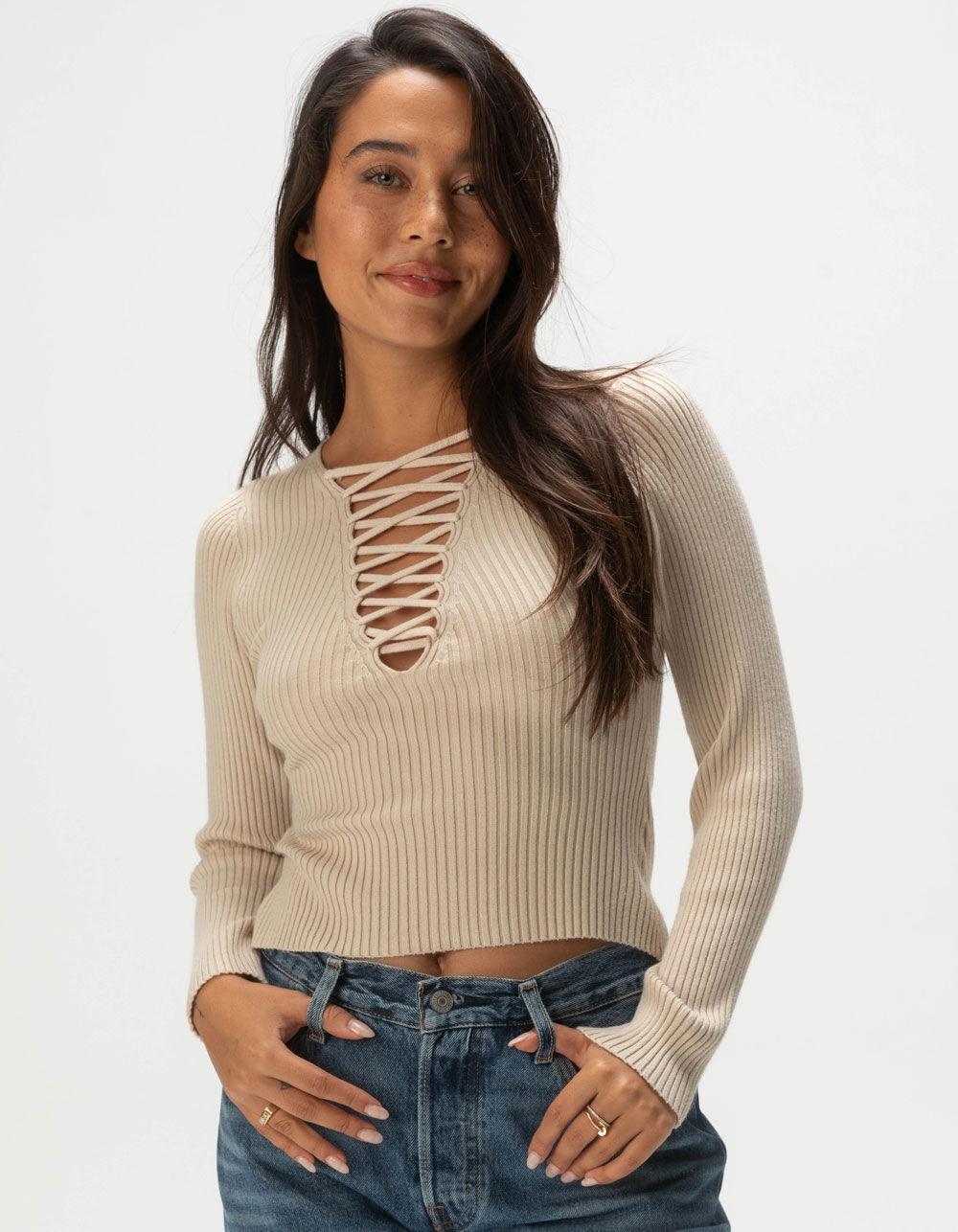 WEST OF MELROSE Lace Up Womens Long Sleeve Top Product Image