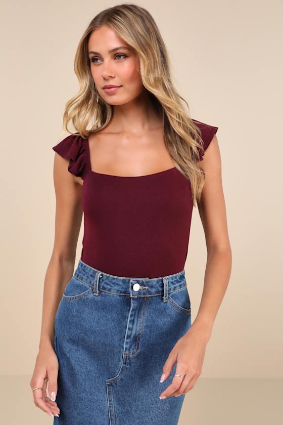 Lovely Status Burgundy Ribbed Flutter Sleeve Tie-Back Bodysuit Product Image