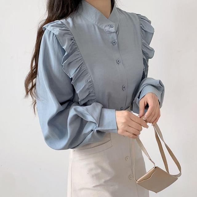 Band Collar Plain Ruffle Trim Shirt Product Image