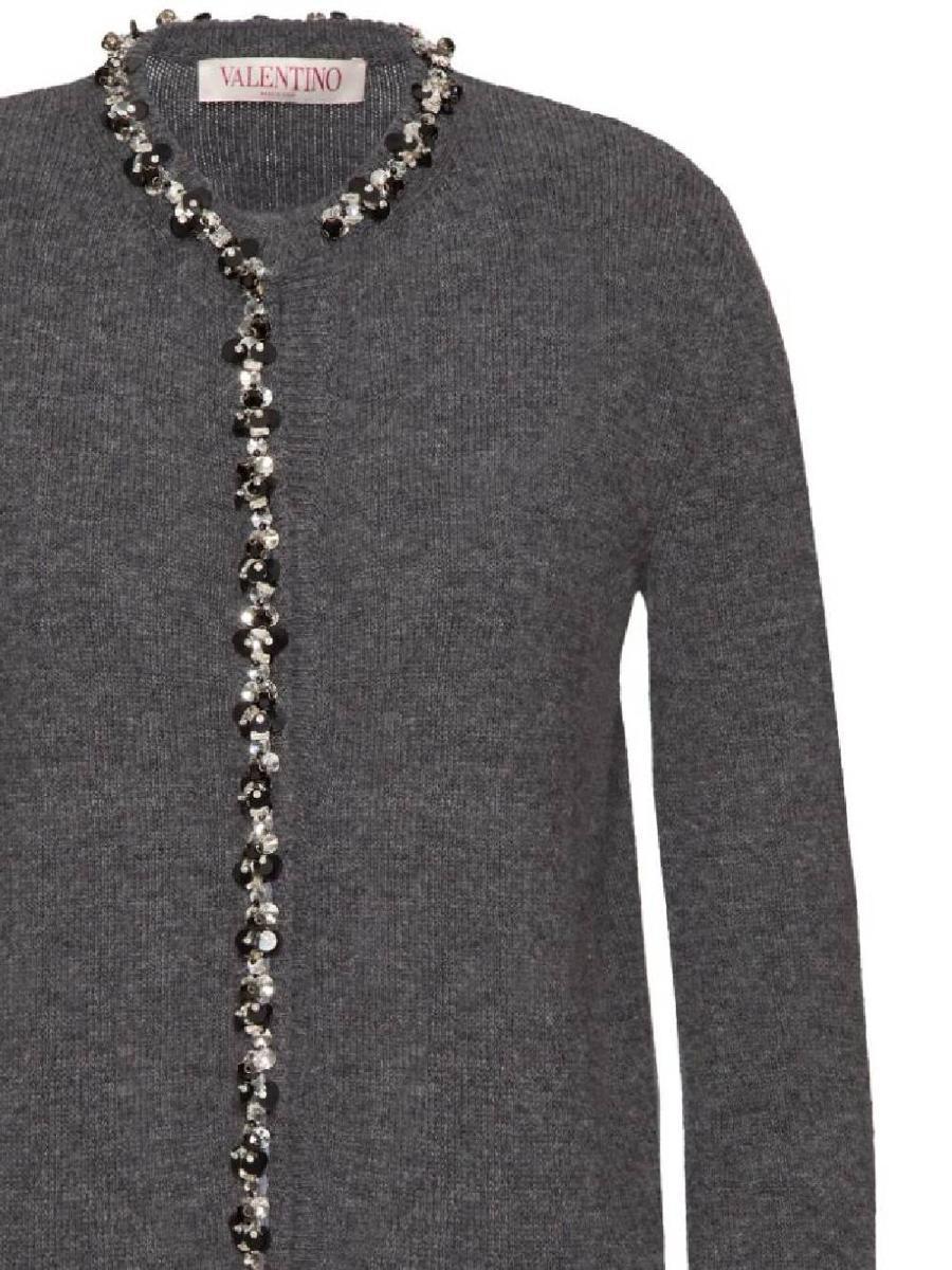 Wool Cardigan With Embroidered Trim In Grey Product Image