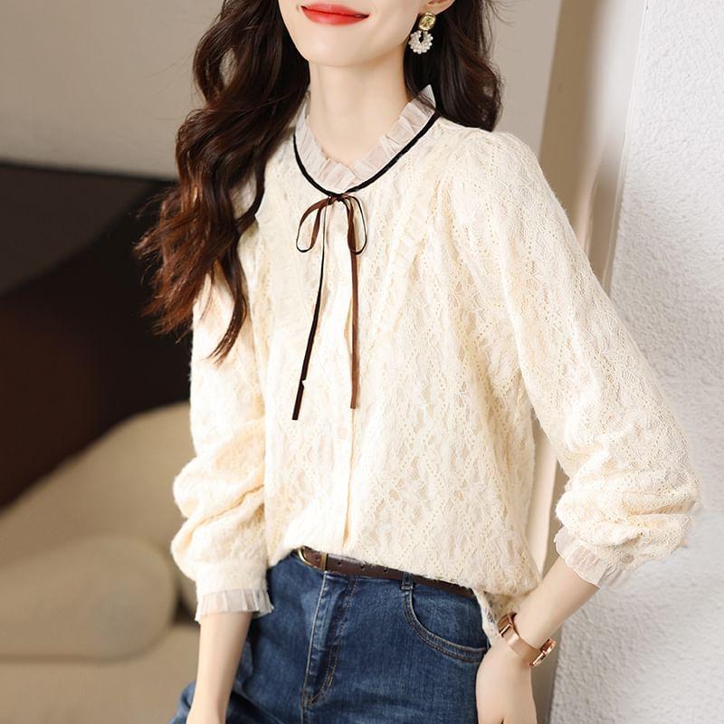 Long-Sleeve Ruffle Trim Bow Lace Blouse Product Image