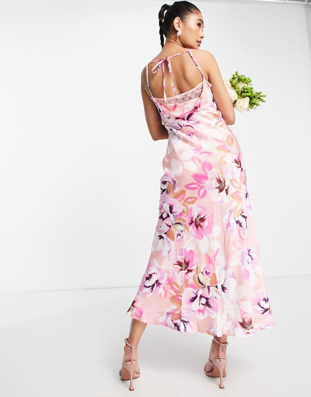 Liquorish satin slip dress with frill detail in pastel floral Product Image