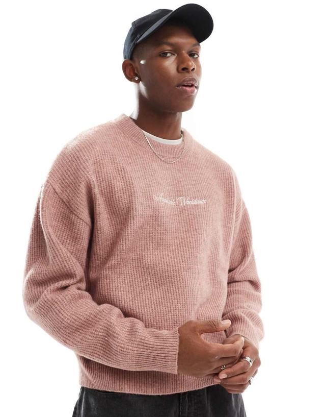 Bershka knitted embroidered sweater in pink Product Image