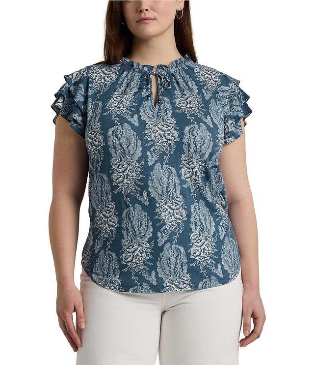 Lauren Ralph Lauren Plus Size Floral Print Linen-Blend Jersey Ruffle Trim Tie Keyhole Neck Short Flutter Sleeves Top Product Image