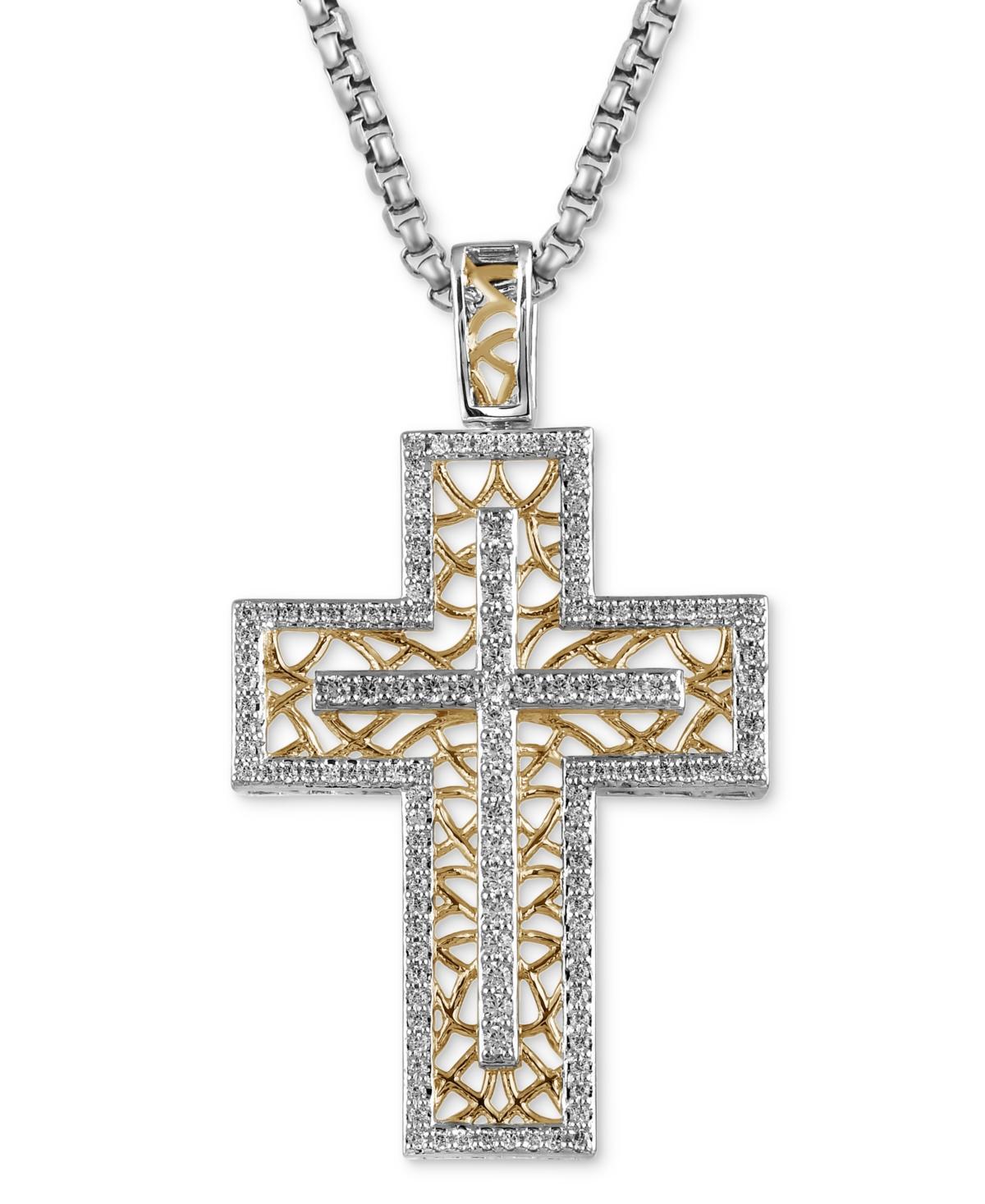 Mens Diamond Lattice Openwork Cross 22 Pendant Necklace (1/2 ct. t.w.) in Sterling Silver & 18k Gold-Plate Product Image