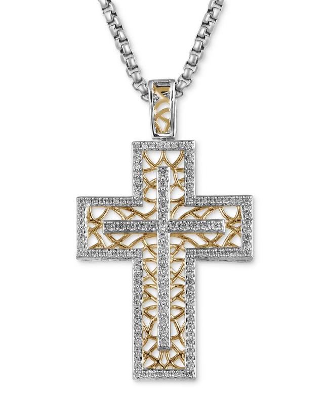 Mens Diamond Lattice Openwork Cross 22 Pendant Necklace (1/2 ct. t.w.) in Sterling Silver & 18k Gold-Plate Product Image