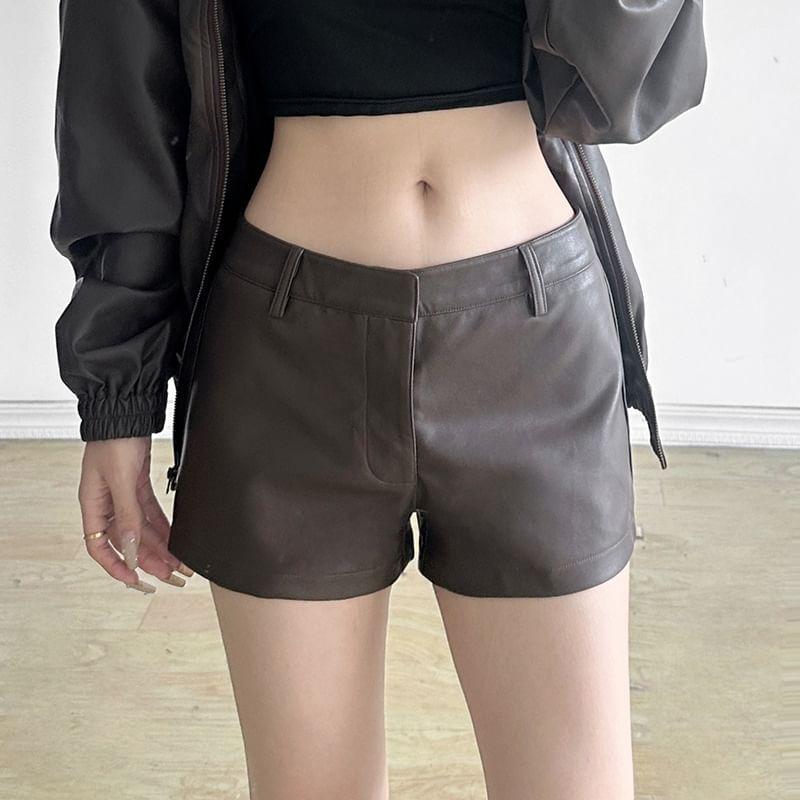 Stand Collar Plain Faux Leather Zip Jacket / Mid Rise Shorts Product Image