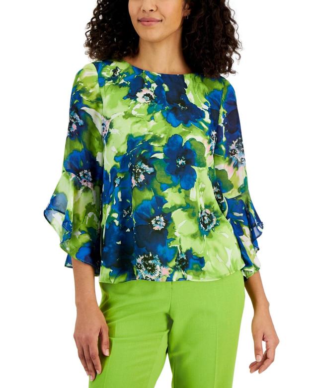 Women's Floral-Print Ruffled-Sleeve Boat-Neck Top Product Image