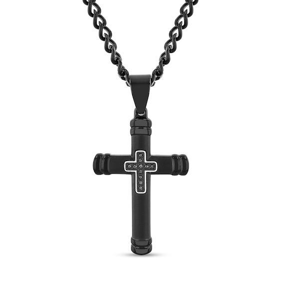 Men's 1/20 CT. T.w. Black Diamond Mini Cross Inlay Pendant in Stainless Steel with Black Ion Plate - 24" Product Image