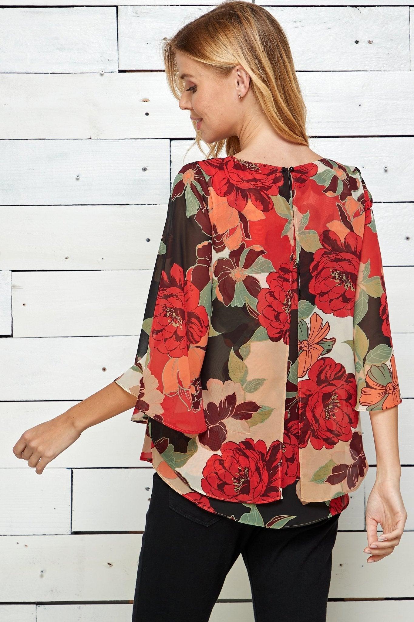 Red Floral 3/4 Sleeve Double Layer Split Back Blouse Product Image