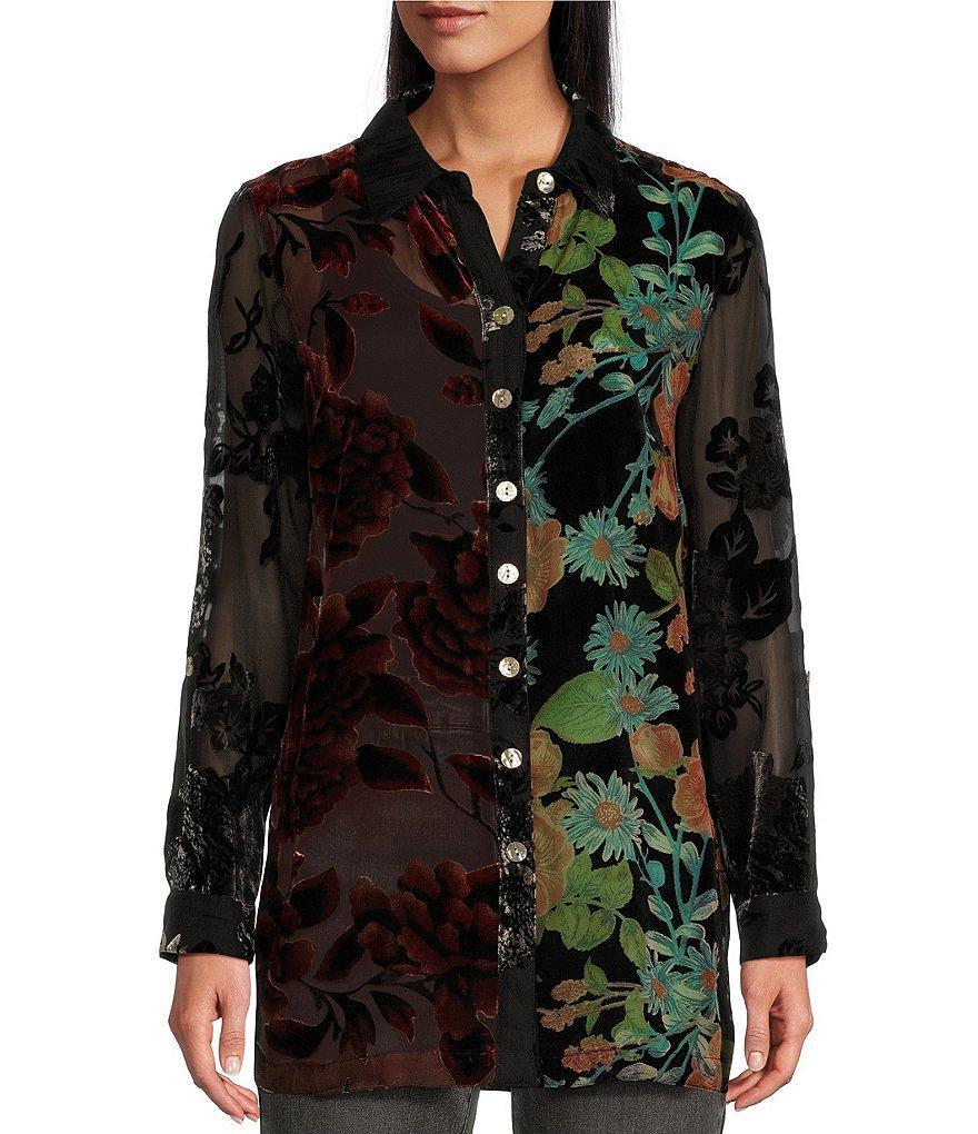 John Mark Multi Burnout Velvet Embroidered Floral Point Collar 3/4 Roll-Tab Sleeve Button-Front Tunic Product Image