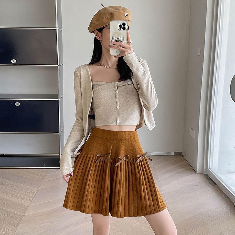 High Waist Plain Knit Mini Pleated Skirt Product Image