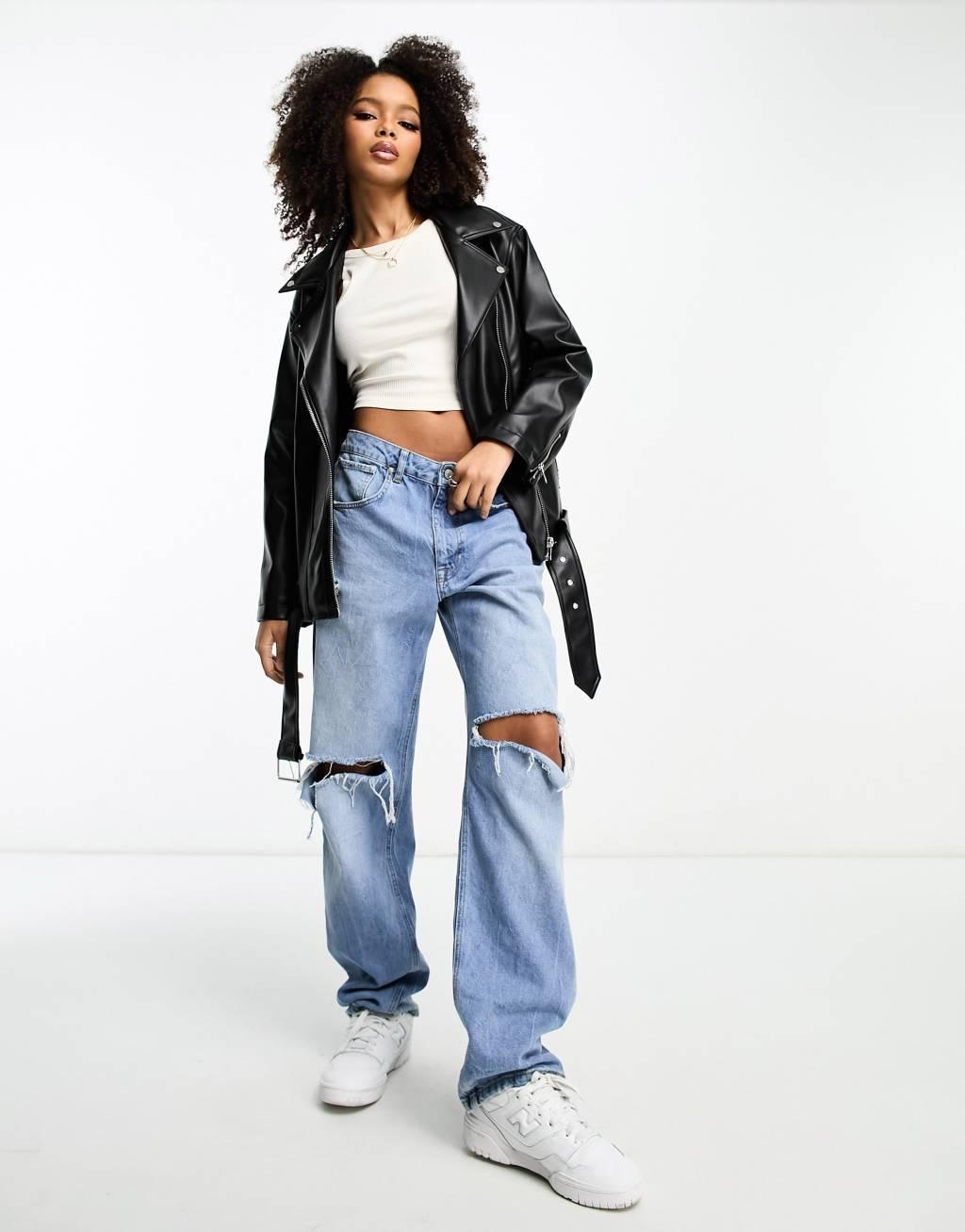 ASOS DESIGN longline oversized faux leather biker jacket Product Image