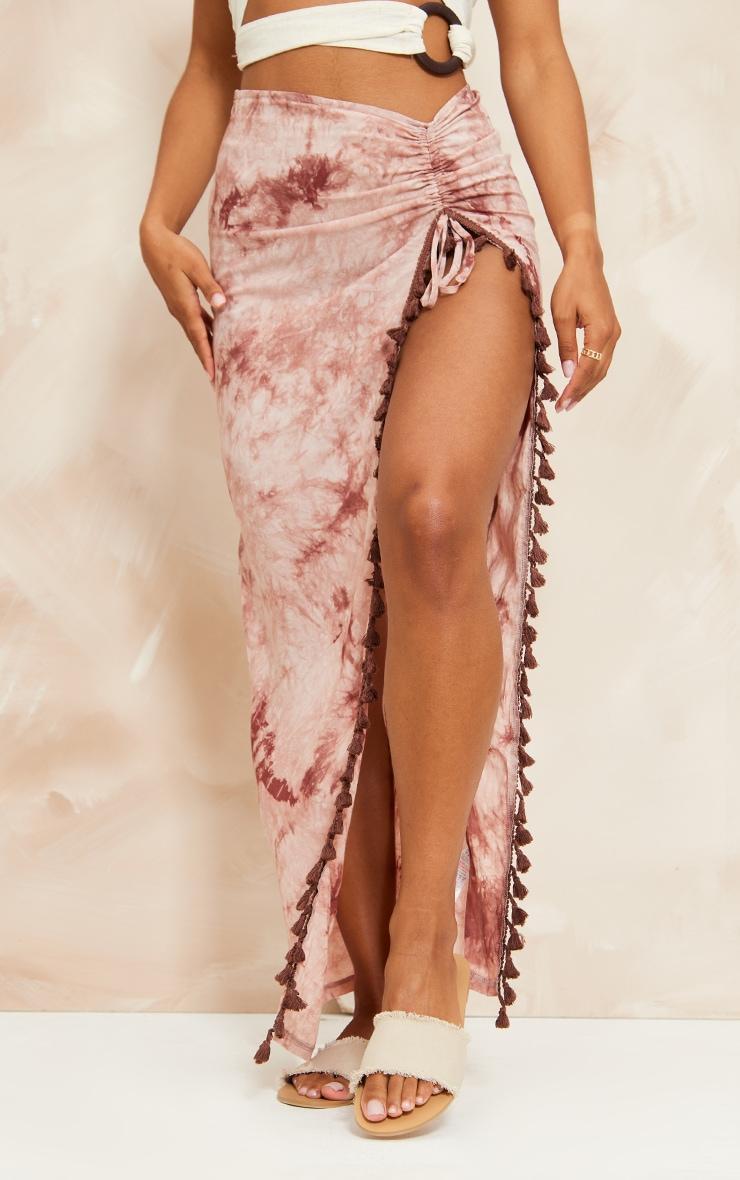 Rust Tie Dye Printed Knot Detail Tassel Hem Maxi Skirt Product Image