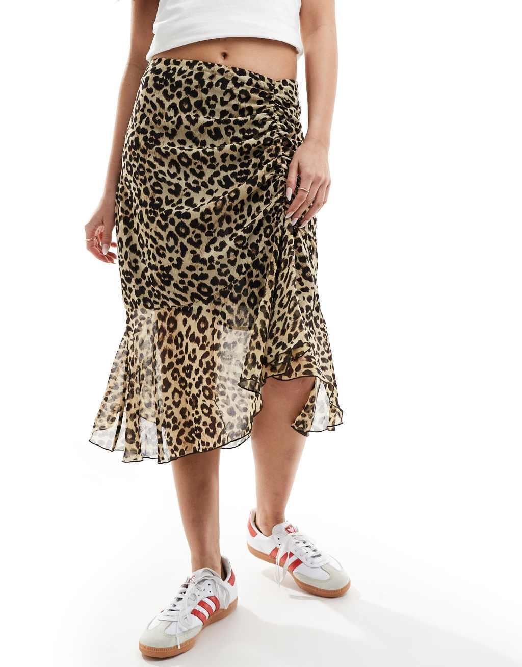 Mango leopard print midi skirt with asymmetric hem in brown Product Image