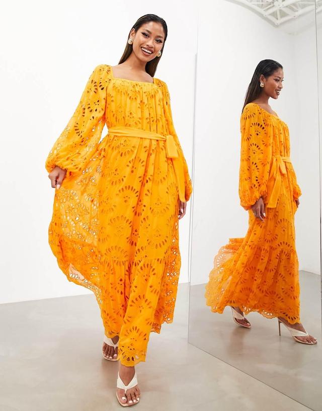 ASOS EDITION eyelet long sleeve maxi dress with belt in orange Product Image