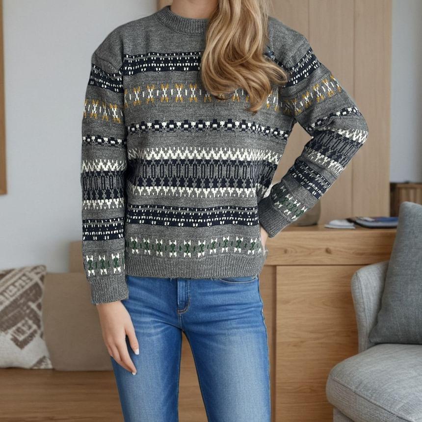 Crew Neck Pattern Jacquard Sweater Product Image