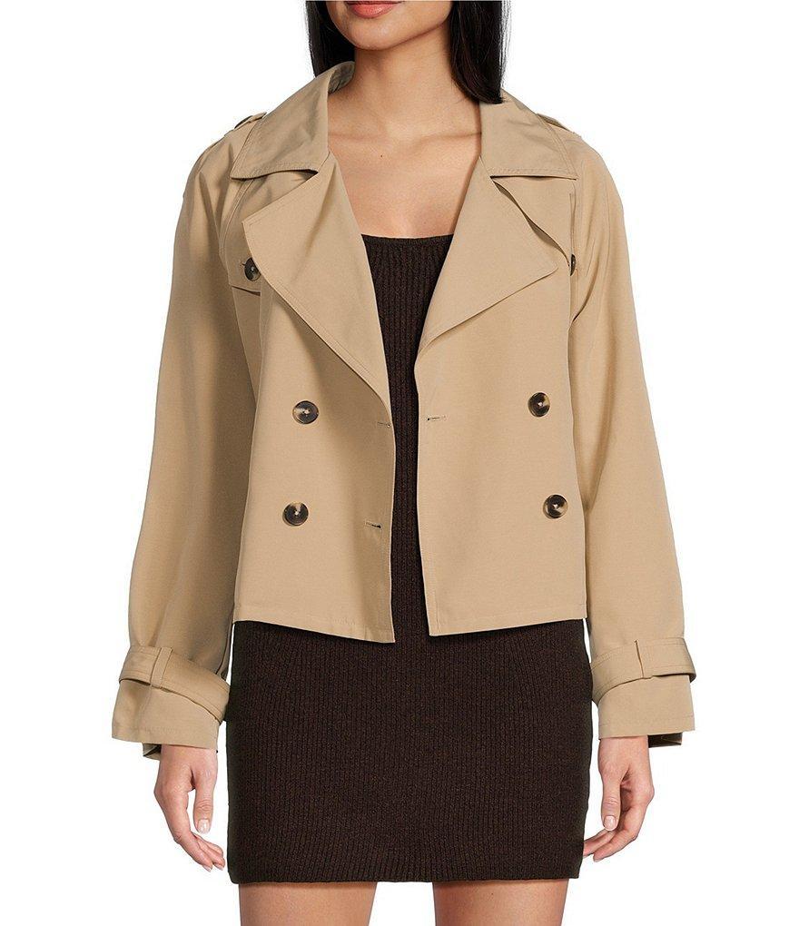 Gianni Bini Remy Twill Notch Lapel V-Neck Double Breasted Button Front Long Sleeve Crop Topcoat Product Image