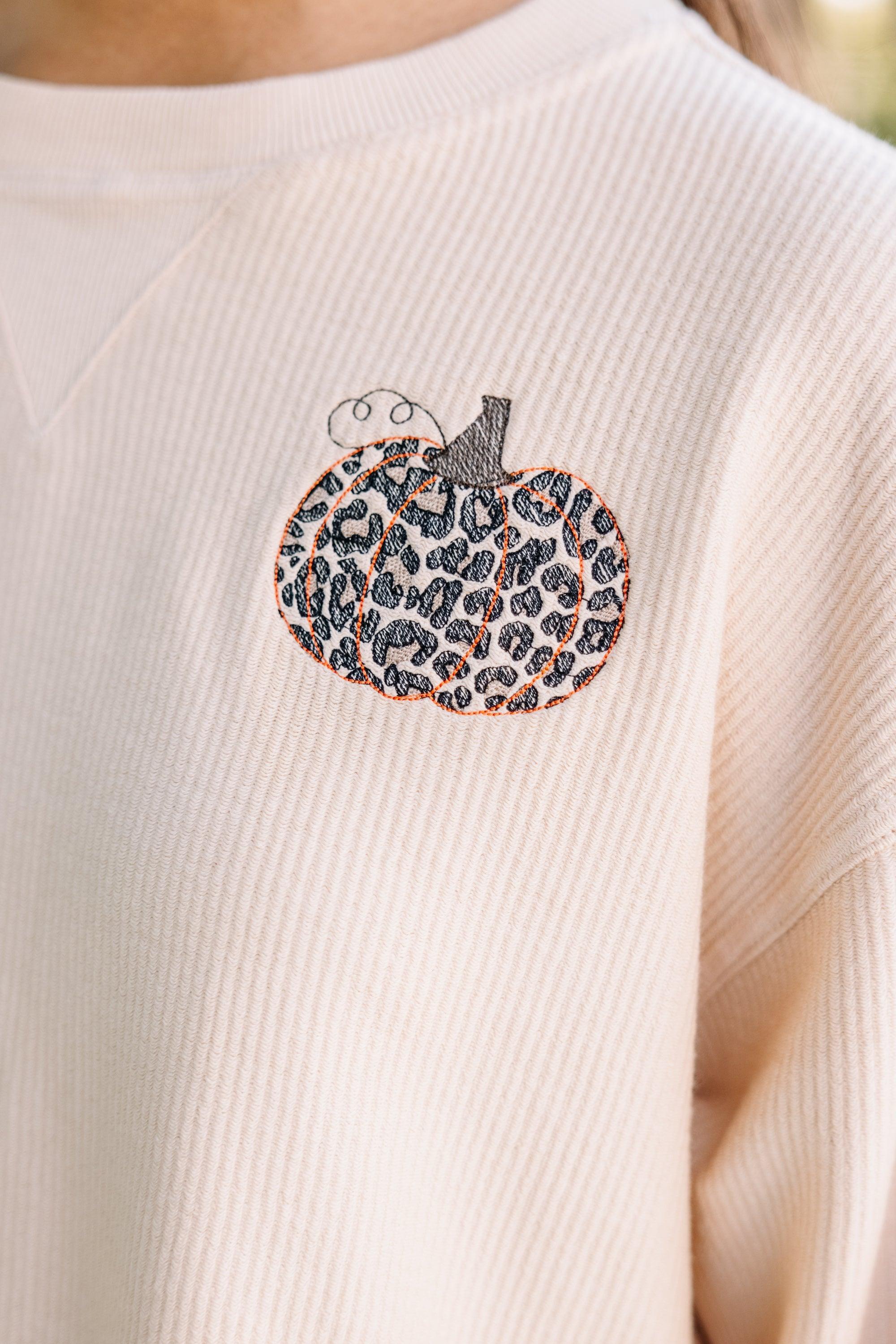 Leopard Pumpkin Natural Cropped Corded Embroidered Sweatshirt Female Product Image