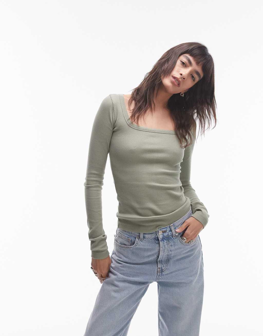 Topshop square neck long sleeve top in khaki Product Image