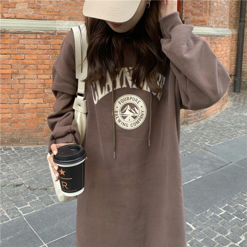 Long Sleeve Lettering Print Slit Fleece-Lined Midi A-Line Hoodie Dress Product Image