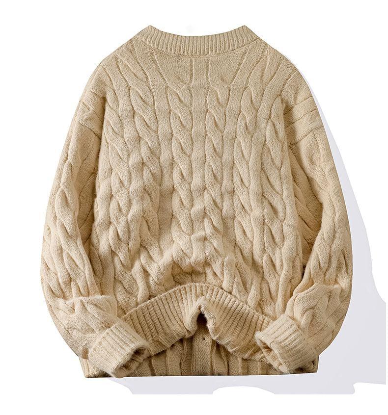 Crew Neck Plain Cable Knit Button-Up Cardigan Product Image