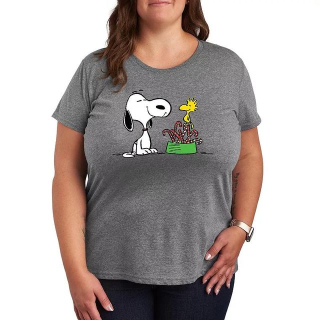 Plus Size Peanuts Snoopy & Woodstock Candy Canes Graphic Tee, Womens Grey Gray Product Image