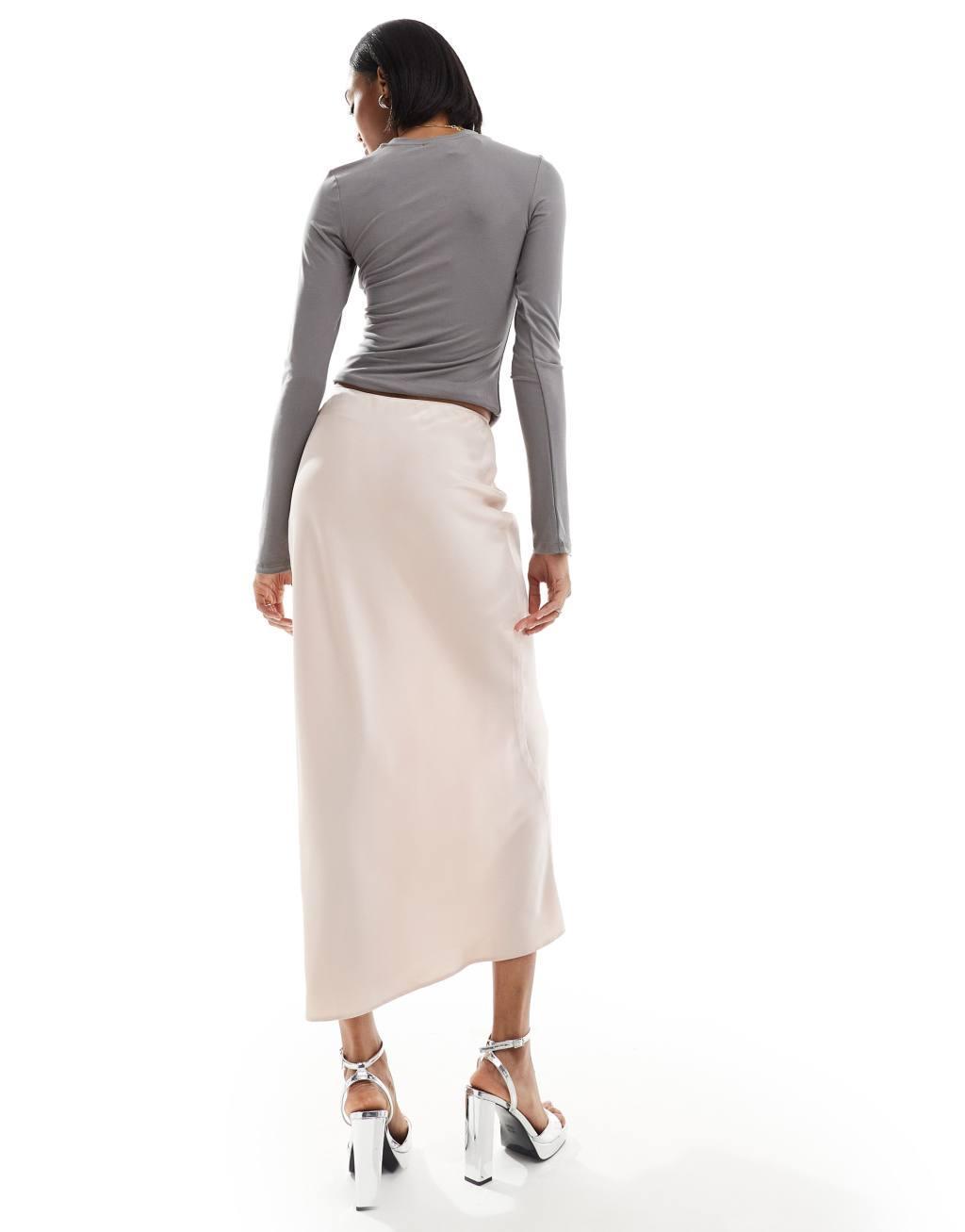 ASOS DESIGN Tall satin bias midi skirt in champagne Product Image