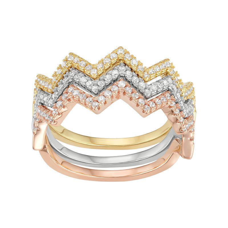 Cubic Zirconia Tri-Tone Sterling Silver Zigzag Stack Ring Set, Womens Multicolor Product Image