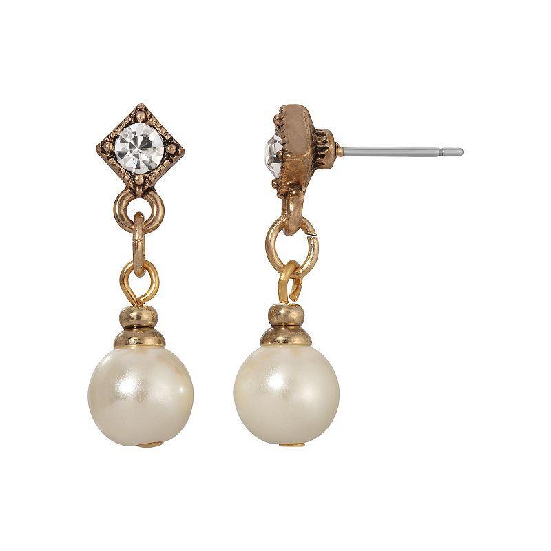 1928 Gold Tone Simulated Pearl Crystal Accent Drop Earrings, Womens, White Product Image