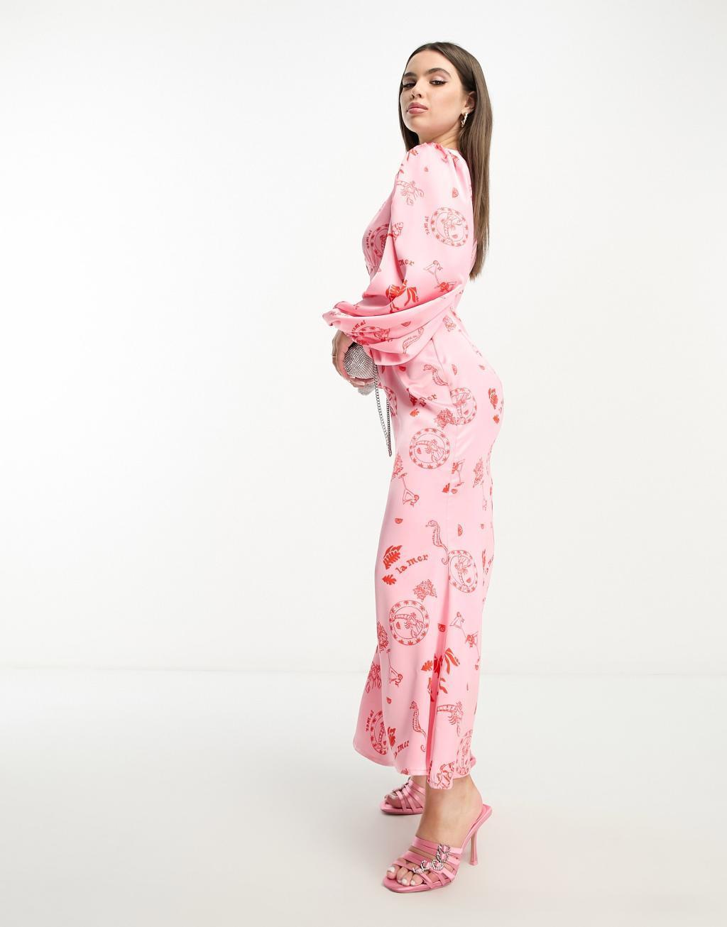 Never Fully Dressed Petite balloon sleeve maxi dress in pink la mer print Product Image