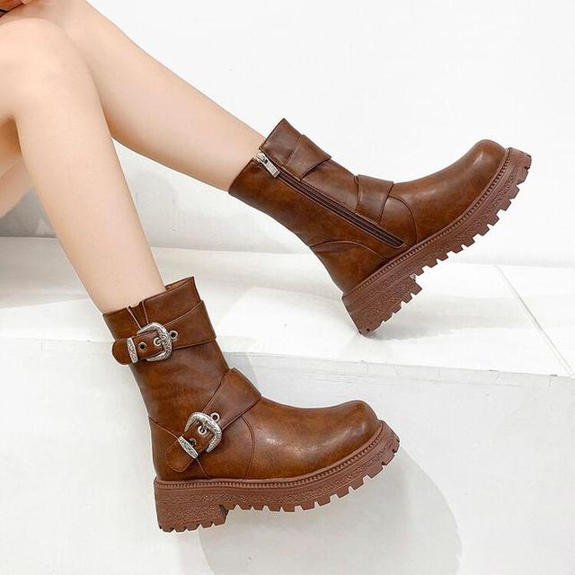 Buckled Platform Chunky Heel Short Boots Product Image