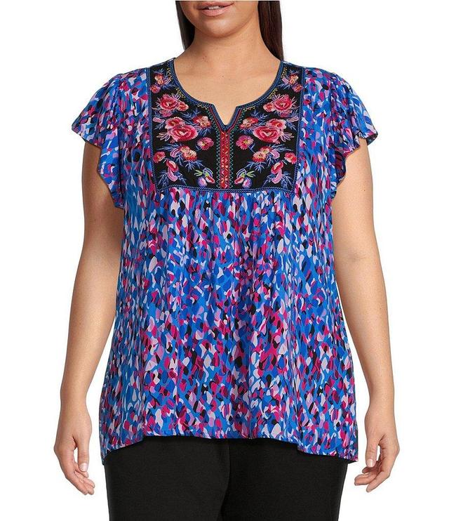 Calessa Plus Size Woven Embroidered Printed Split V Neck Cap Sleeve Ruffle Shirtttail Hem Pullover Top Product Image