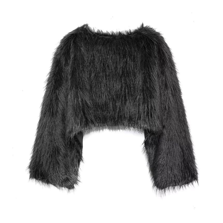 Crew Neck Plain Faux Fur Crop Sweatshirt Product Image