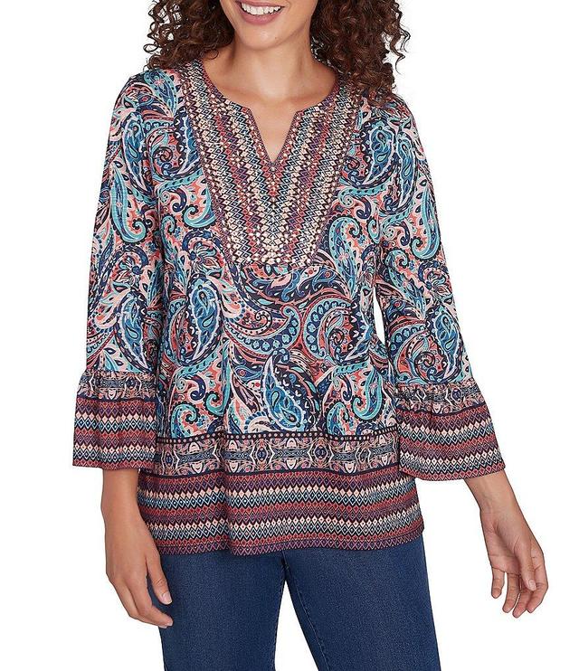 Ruby Rd. Petite Size Knit Paisley Border Print Embellished Split V-Neck 3/4 Sleeve Bib Top Product Image