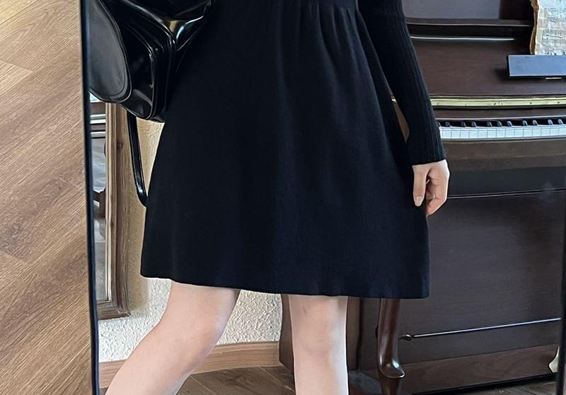 Long-Sleeve Collared Knit Mini A-Line Dress Product Image