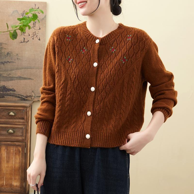 Round Neck Flower Embroidered Cable-Knit Cardigan Product Image