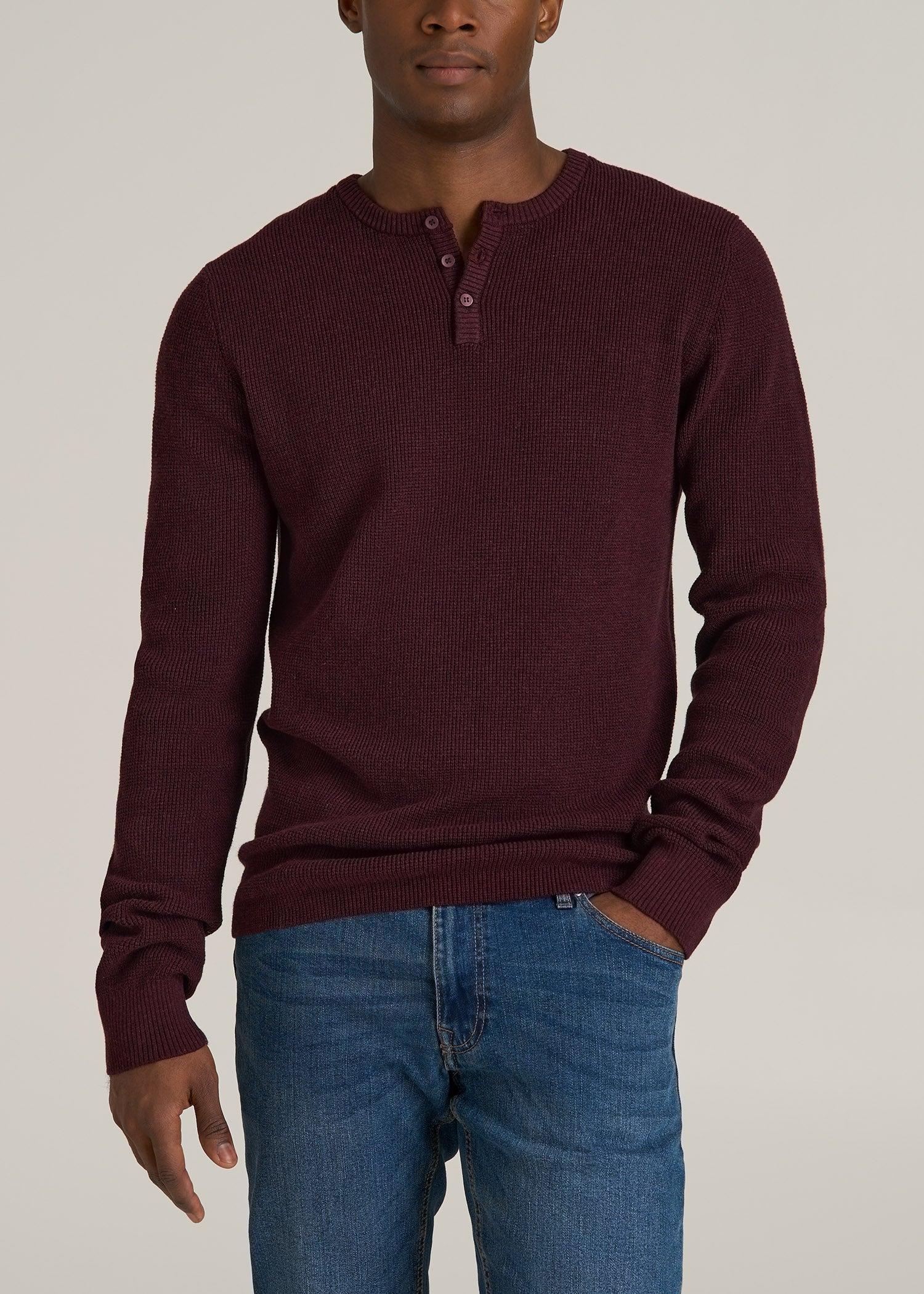 Waffle Knit Henley Sweater for Tall Men in Burgundy Mix Male Product Image