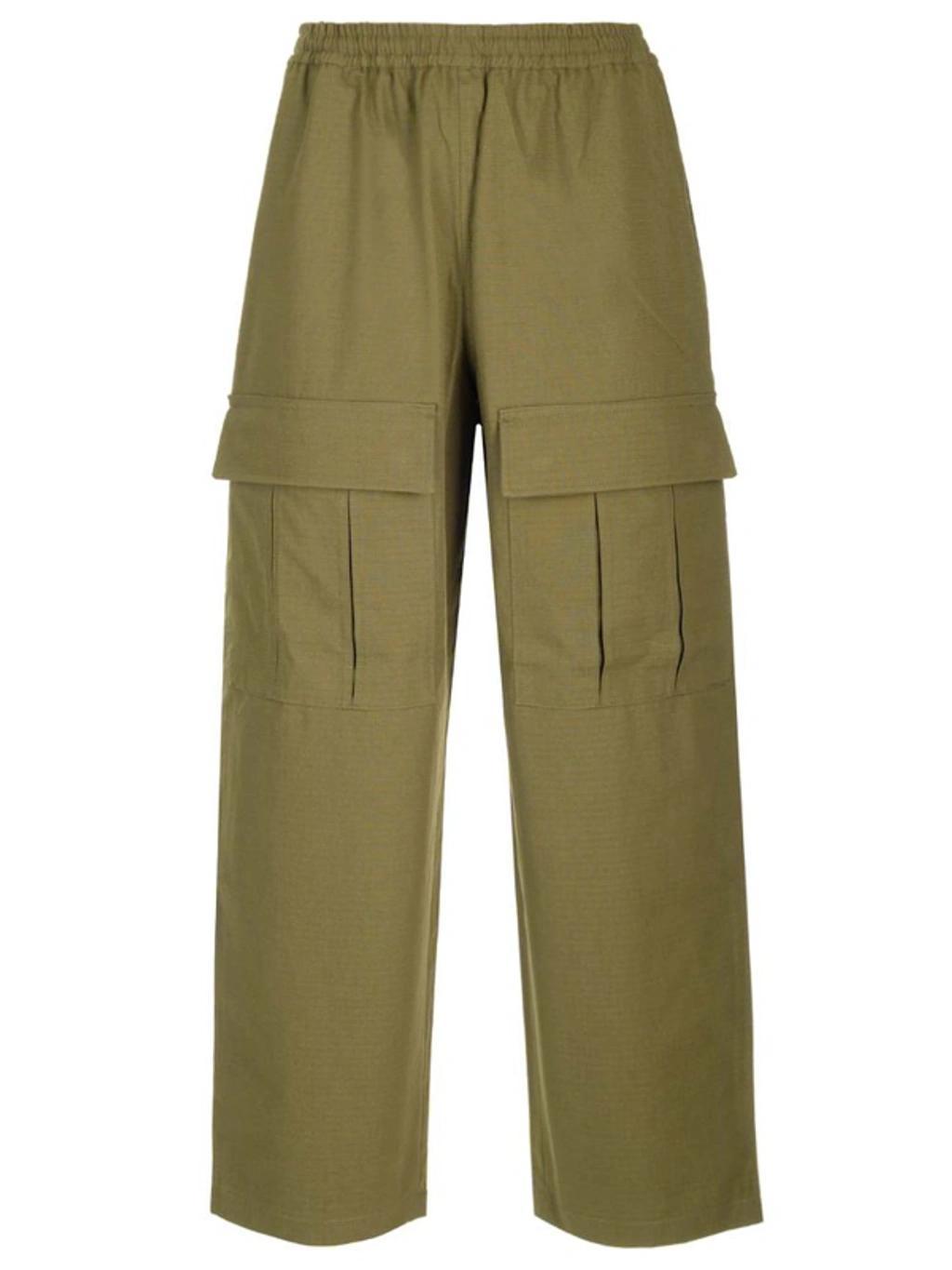 Mens Olive Green Prudento Flap-pocket Relaxed-fit Wide-leg Cotton Trousers Product Image