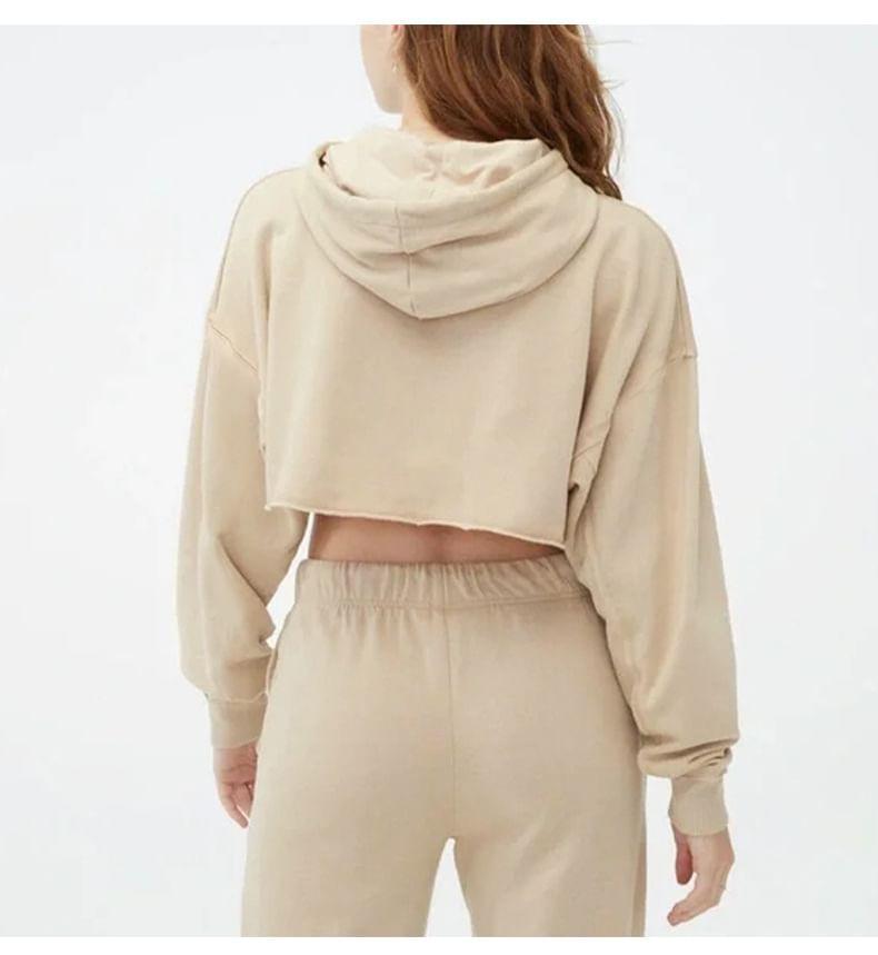 Drop Shoulder Drawstring Plain Cropped Hoodie Product Image