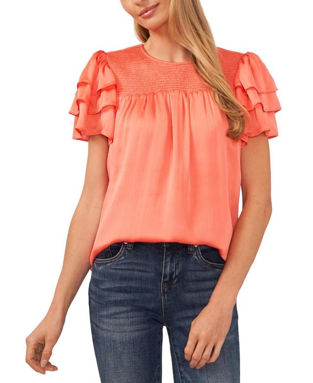 CeCe Womens Solid Ruffled-Sleeve Smocked-Yoke Blouse Product Image