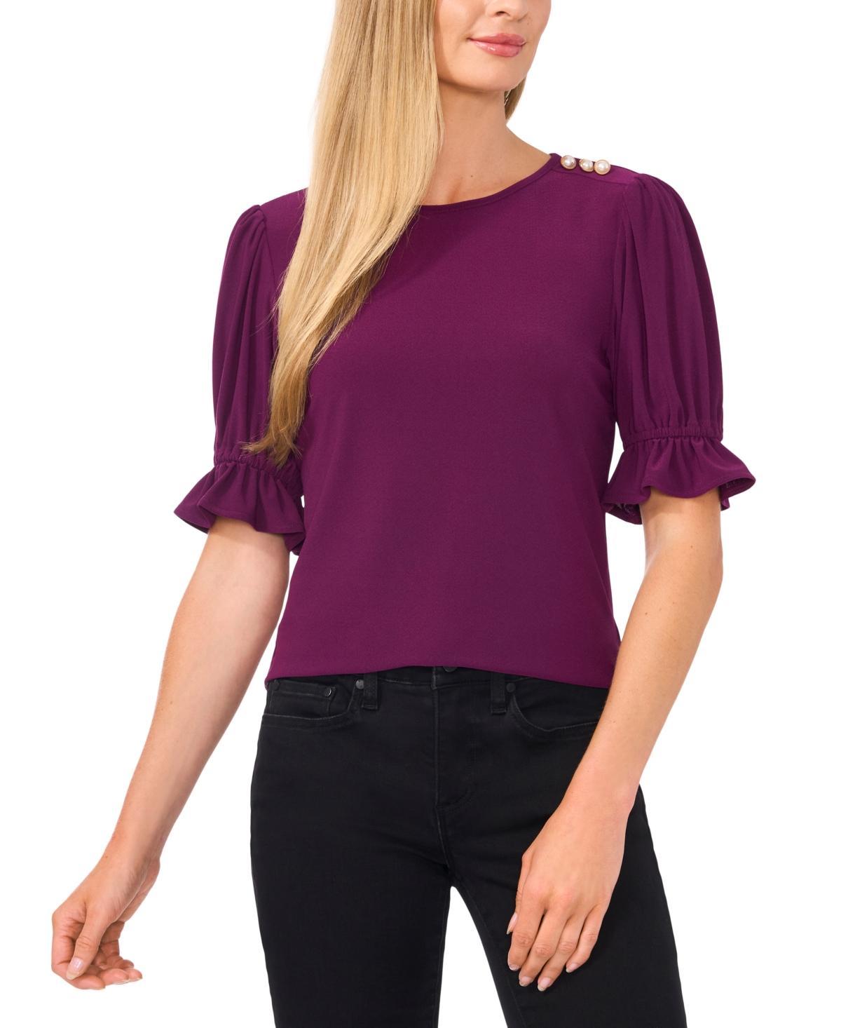 CeCe Womens Puff-Sleeve Button-Shoulder Knit Top Product Image