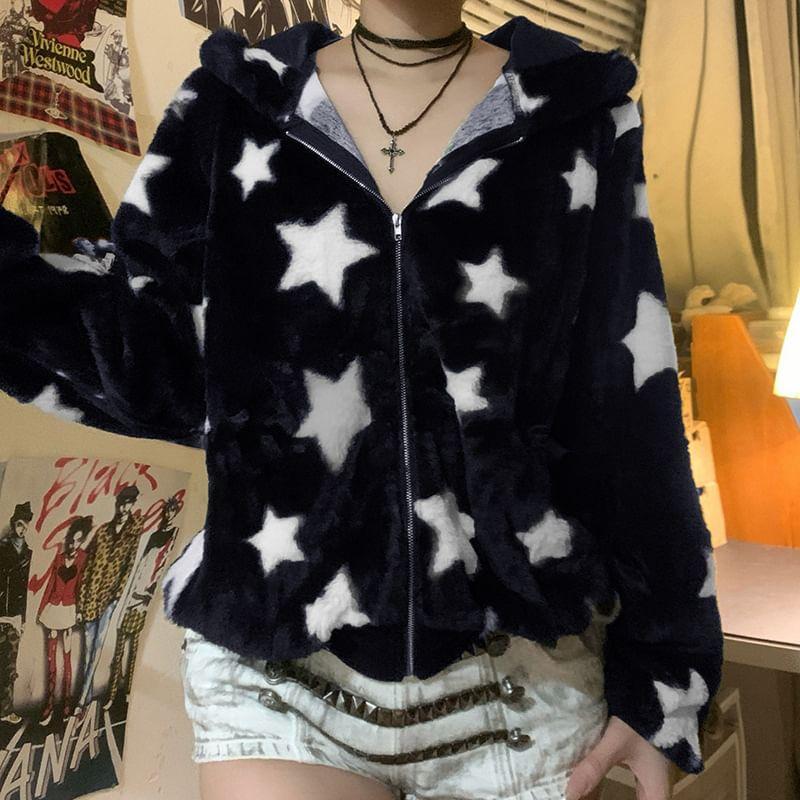 Star Pattern Zip-Up Hoodie Product Image