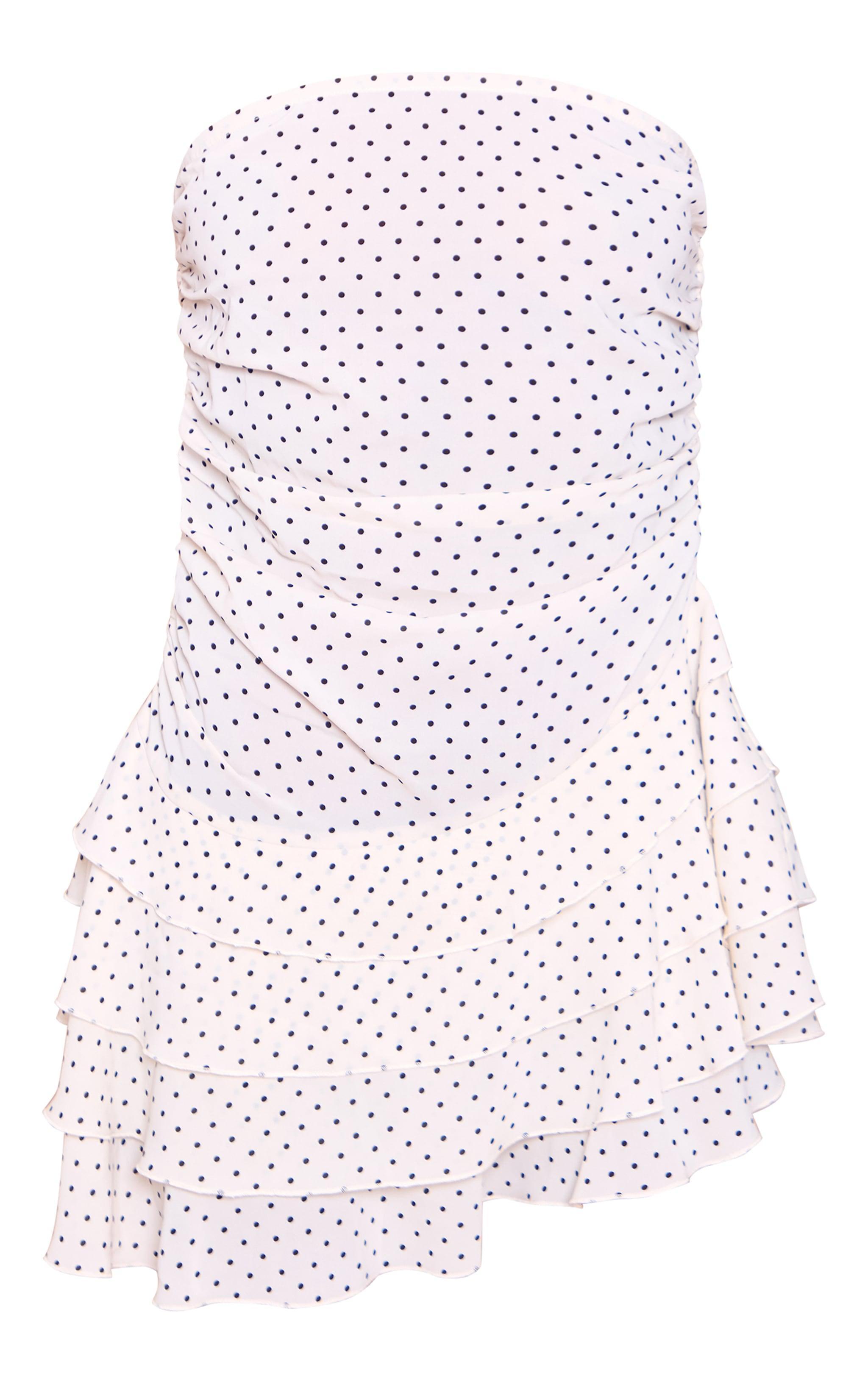 Cream Polka Dot Ruched Ruffle Hem Bandeau Mini Dress Product Image