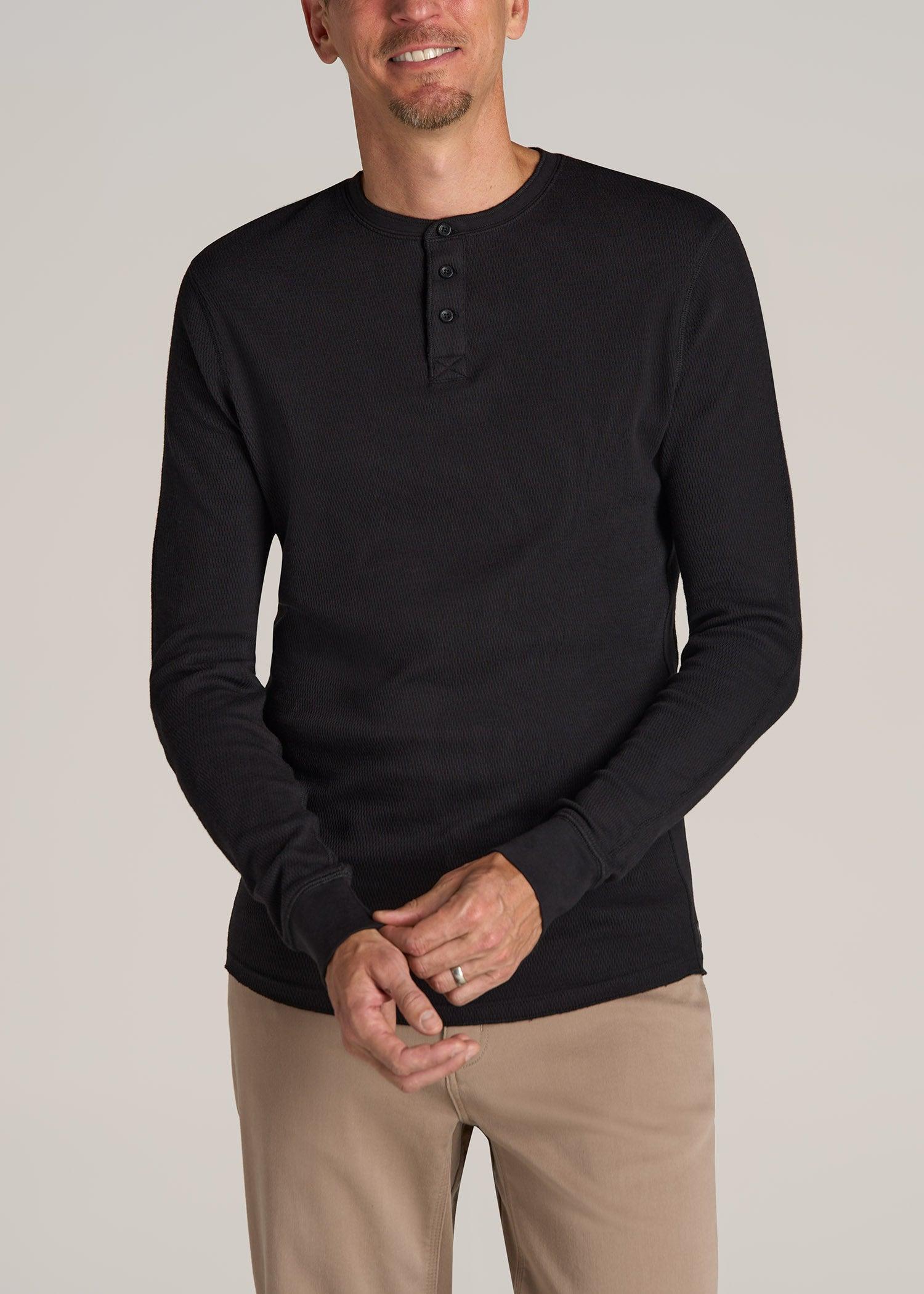 Double Honeycomb Thermal Long-Sleeve Henley Shirt for Tall Men in Black Male Product Image