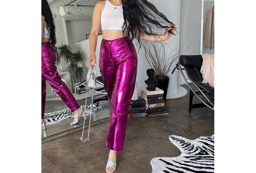 High Waist Metallic Faux Leather Straight Leg Pants Product Image