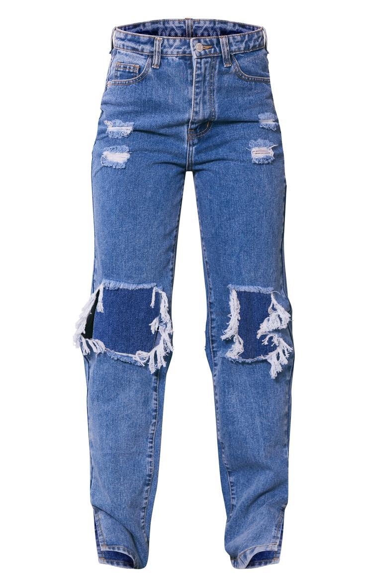 Washed Mid Blue Ripped Open Knee Split Hem Jeans Product Image