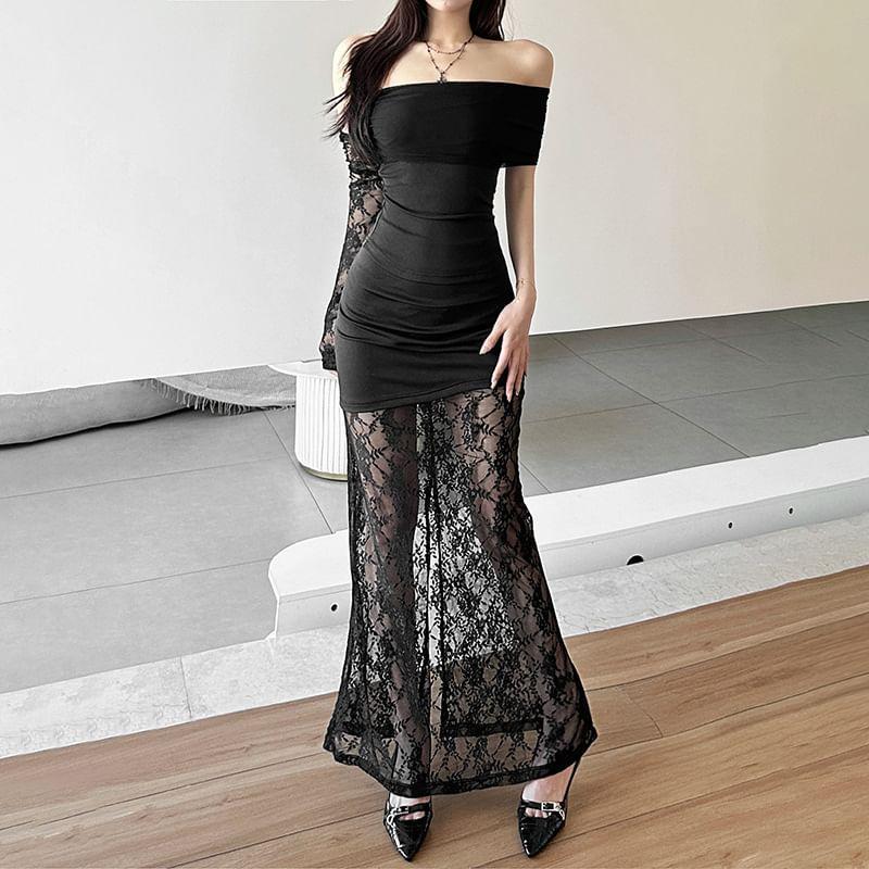 High Waist Plain Lace Panel Maxi Fishtail Skirt Product Image